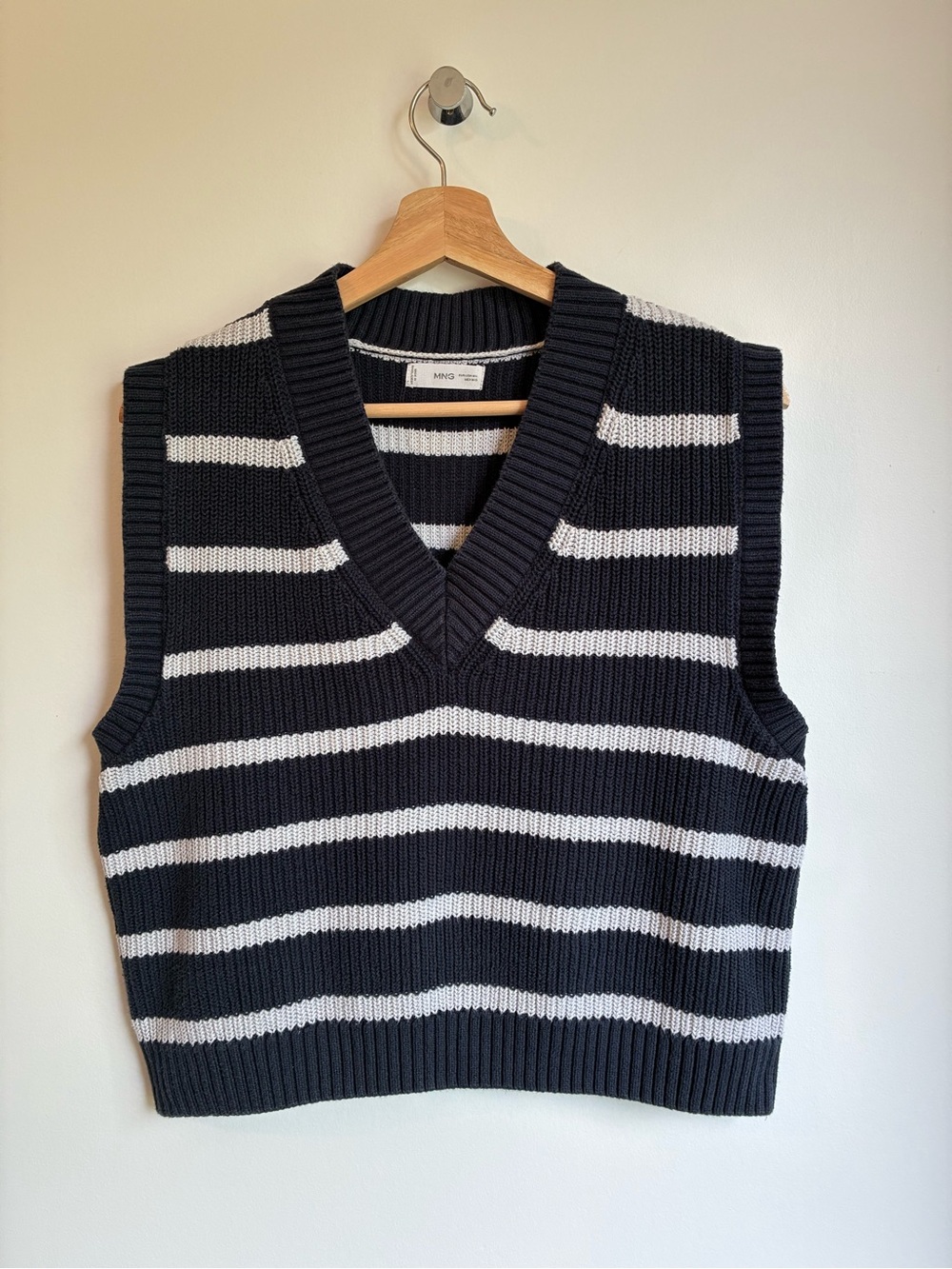 Mango Women’s Navy and Grey Striped V-Neck Knit Sweater Vest